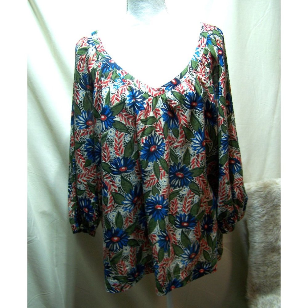 Lucky Brand Tunic Top Blouse Floral Blue Green XL